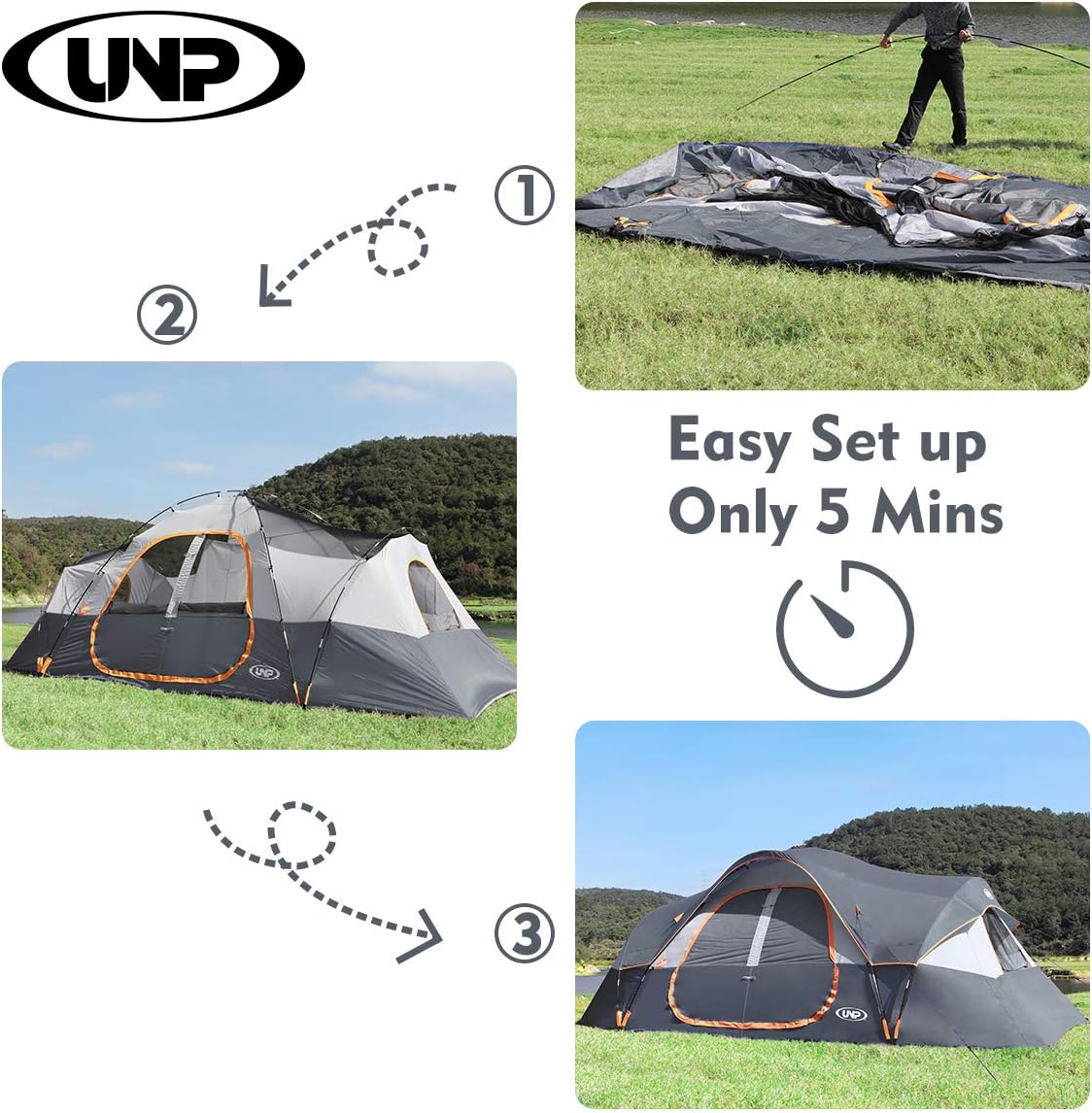 UNP Camping Tent 10-Person-Family Tents, Parties, Music Festival Tent, Big, Easy Up, 5 Large Mesh Windows, Double Layer, 2 Room, Waterproof, Weather Resistant, 18ft x 9ft x78in - Image 8